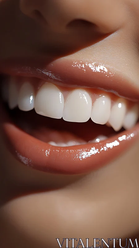 Radiant close-up smile with glossy lips and bright teeth.