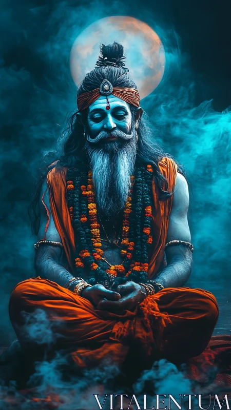 Digital painting of mystical sage in moonlit smoke portrait.