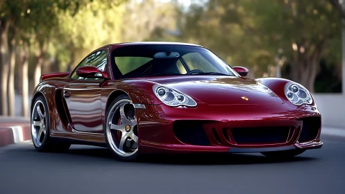 Red sports coupe parked on city street in soft daylight.