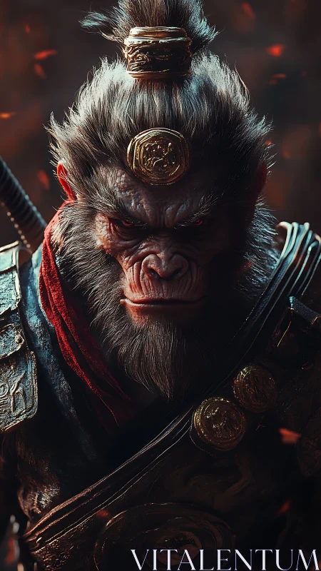 Simian warrior portrait with ornate armor and topknot detail.