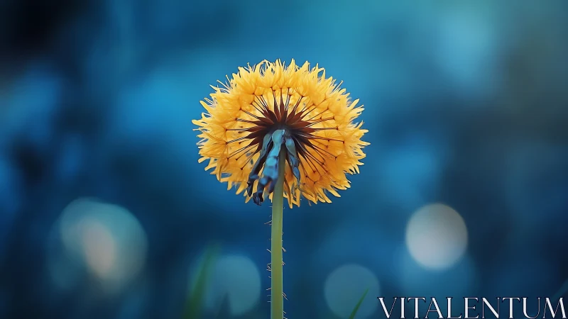 Dandelion bloom glows against deep blue bokeh field.