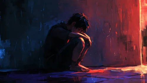 Solitary figure in chromatic contrast near doorway aperture.