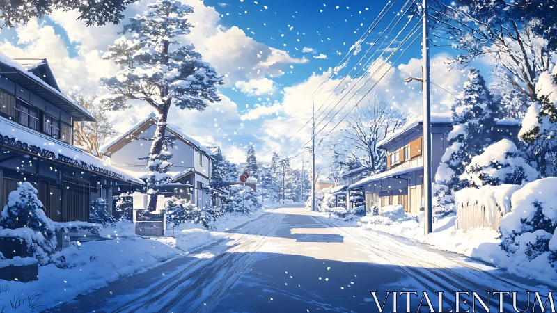 Snow-dusted village street under bright cobalt morning sky.