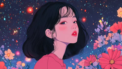 Stargazing girl quietly blooms between cosmic wildflowers
