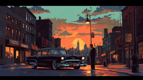 Sunset-lit vintage sedan in cinematic urban streetscape.