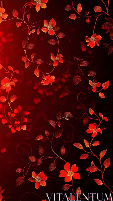 Glowing Red Florals on Crimson Background with Ornate Vine