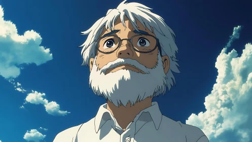 Elderly bearded man in glasses under deep blue sky.