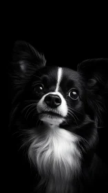 Black and white long-haired dog portrait against dark field.