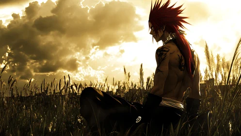 Tattooed warrior resting at dusk in golden wheat field.