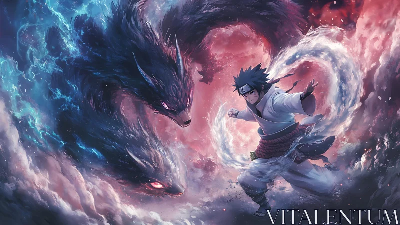 Dynamic chakra duel with spectral wolves in turbulent energy vortex