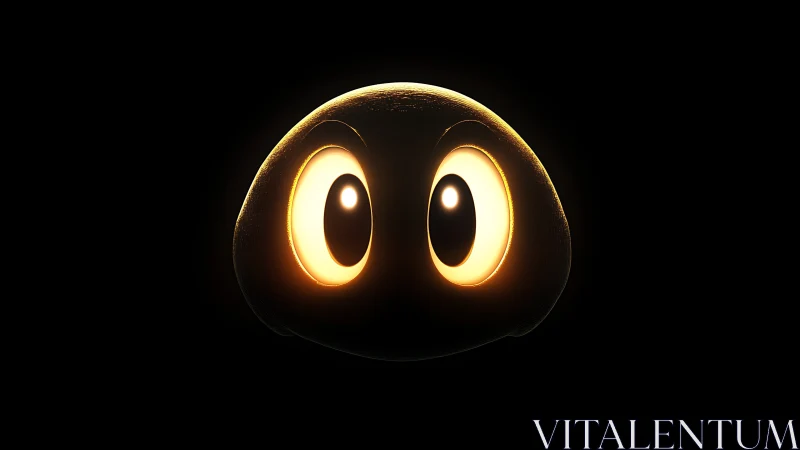Glowing cartoon eyes illuminate smooth 3D blob in deep black field