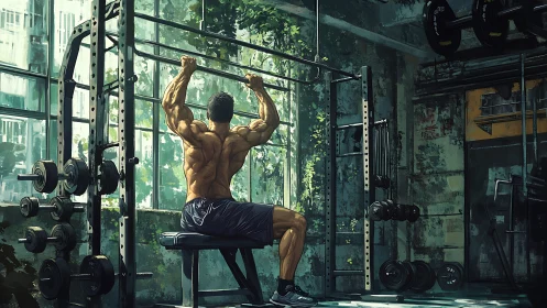 Muscular man performs pull-up exercise in worn urban gym