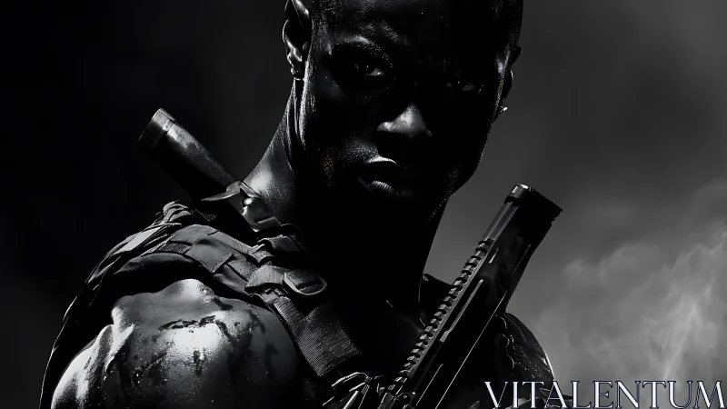High contrast tactical portrait isolates armed soldier in smoke