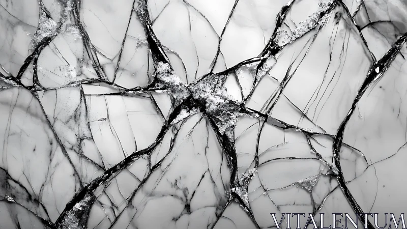 Fractured marble surface reveals tangled black fissures.