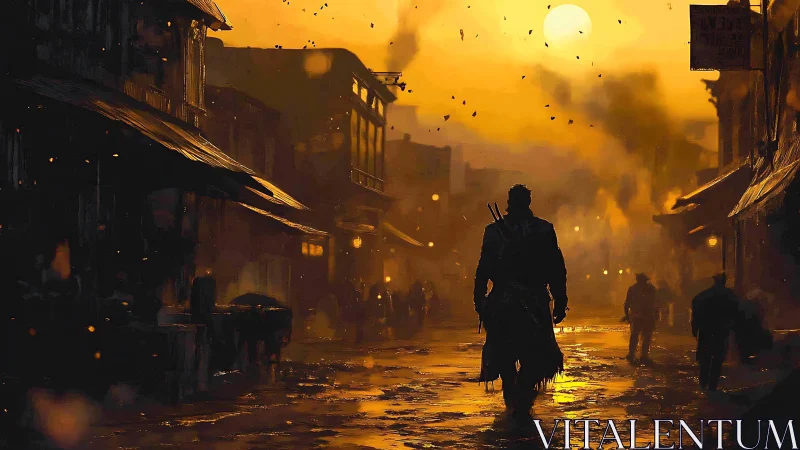 Lone wanderer strides through a glowing dusk drenched street.