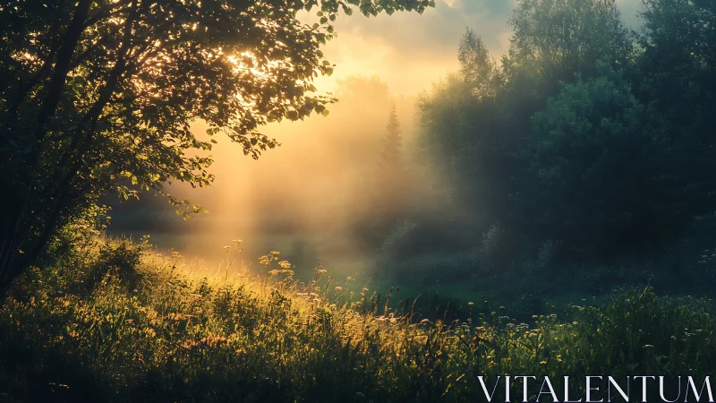 Golden sunrise in a tranquil forest clearing, atmospheric landscape.