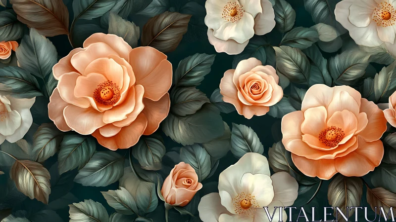 Lush Floral Garden with Peach Roses and White Blooms