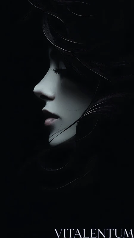 Luminous female profile emerging from deep shadowed void.