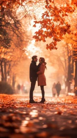 Two figures positioned on autumn path with overhead foliage.
