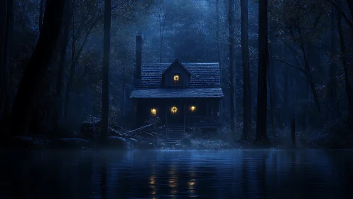 Isolated lakeside cabin at night in dense quiet forest.
