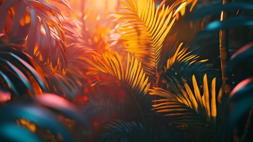 Chromatic palm frond canopy under volumetric sunset lighting.