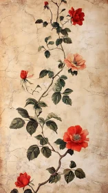 Climbing red roses unfurl softly against a vintage wall