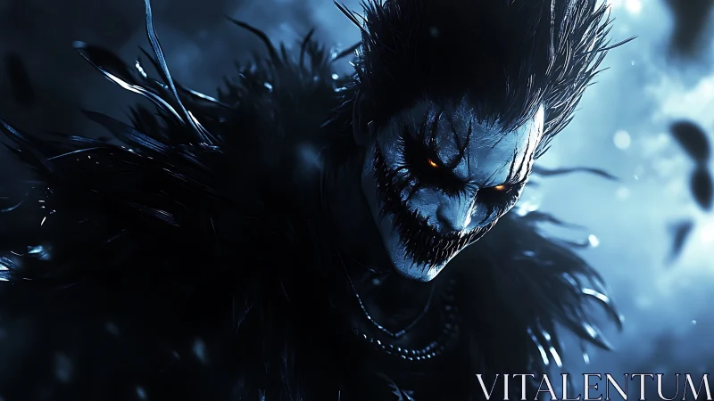 Eerie demon jester in icy blue backlight, razor grin poised.