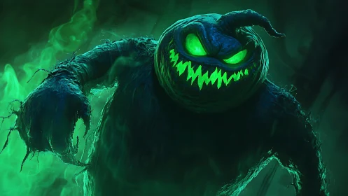Digital painting of toxic neon pumpkin wraith in misty void.