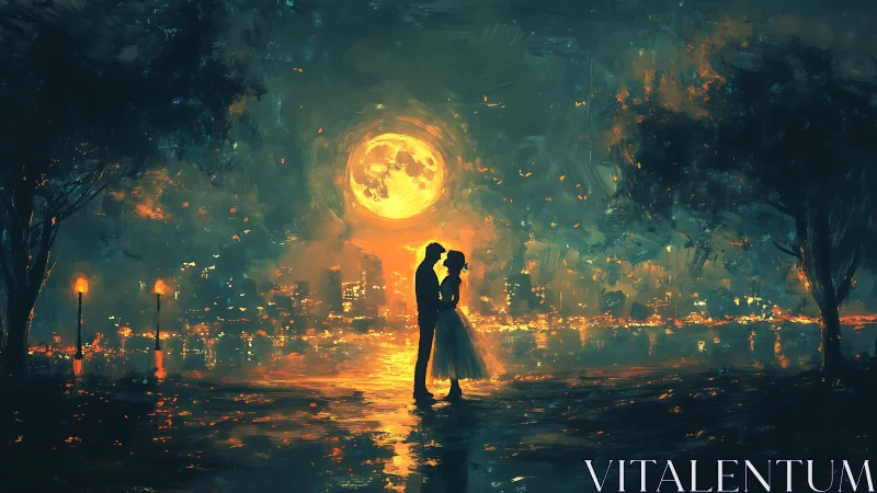 Two Souls Embrace Under a Golden Moon Over the City