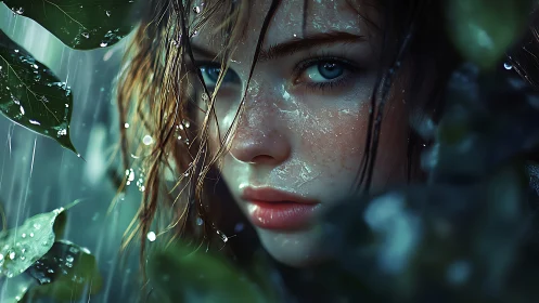 Rain-soaked gaze framed by lush foliage and blue haze.