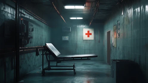 Cinematic abandoned clinic corridor with central gurney focus.