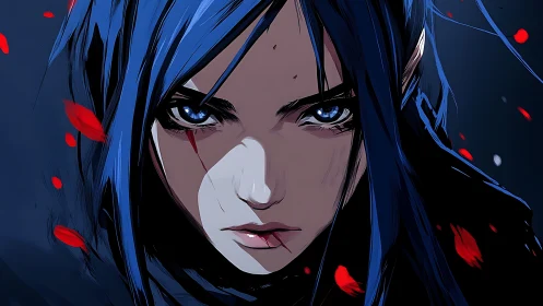 Storm-eyed warrior elf framed in falling crimson petals.