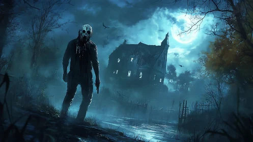 Masked killer stalks a haunted house under a cold moonlit sky