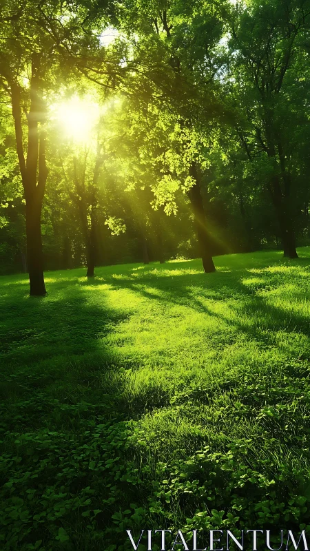 Backlit woodland glade with elongated morning shadows study.