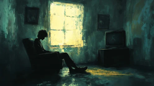 Backlit solitary figure in dim teal room, low-key composition.