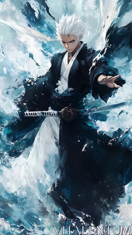 White-haired anime swordsman commands a roaring icy storm
