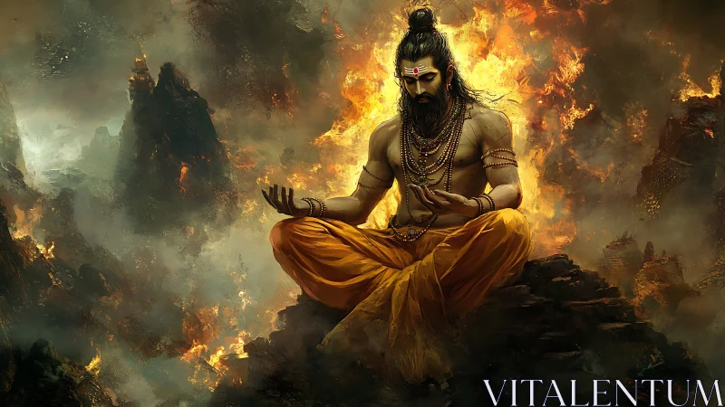 Fiery mountain sage meditates calmly amid swirling flames