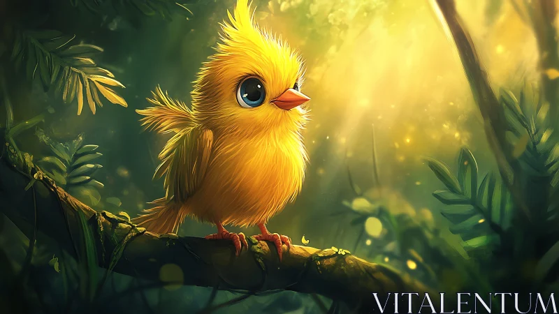 Cute Yellow Cartoon Bird on Branch in Magical Forest Lighting.
