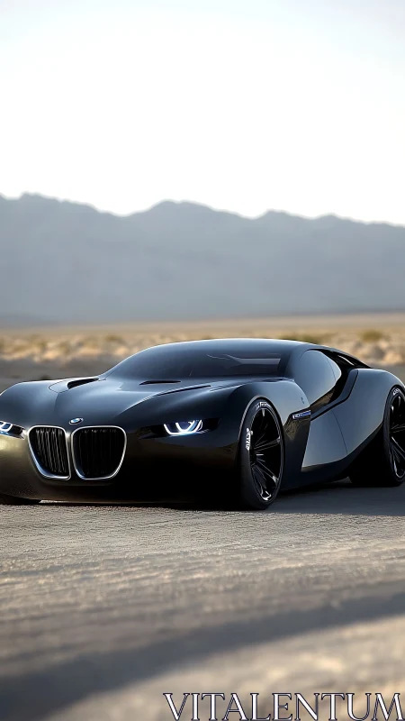 Futuristic black sports car glides across a sunlit desert road