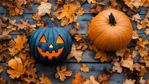 Twin pumpkins trade whispers on a leaf-covered autumn stage.