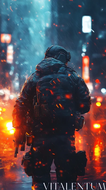 Heavily armed soldier in wet neon city street at night.