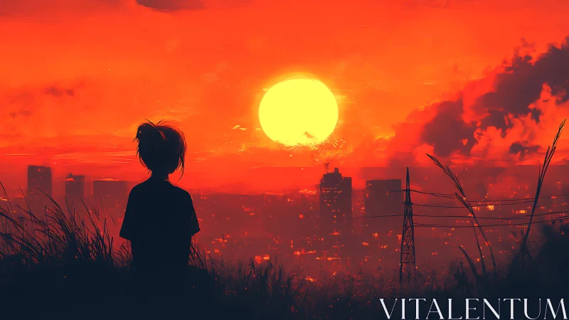 Silhouette watches blazing red sunset over neon city