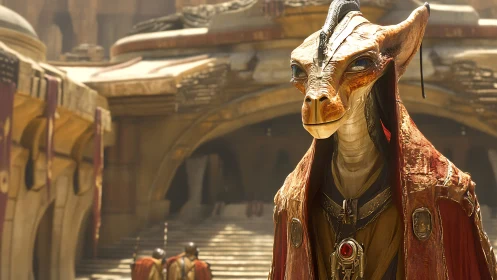 Kindly alien dignitary in sunlit desert marketplace robes.