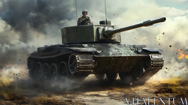 Tracked battle tank advancing across dusty open ground.