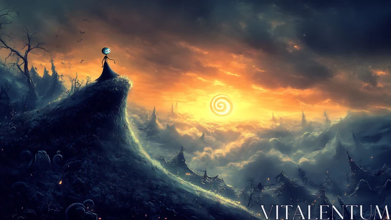 Small figure overlooks glowing spiral sun above mist valley