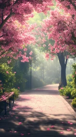Photorealistic cherry blossom promenade with dappled light.