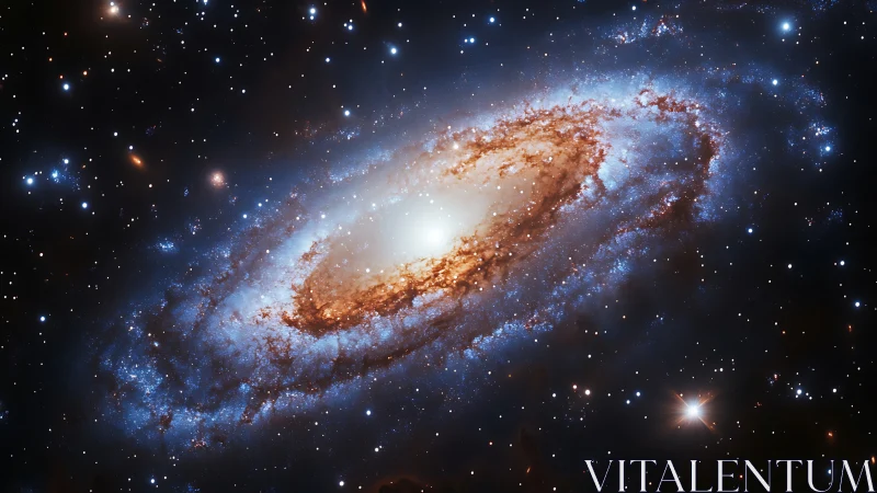 Spiral galaxy core glows amid dense blue star fields.