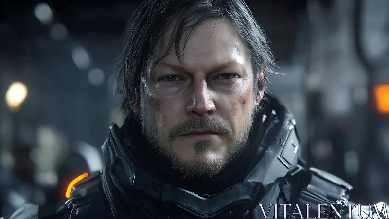 Middle aged man in futuristic armor with blurred lab background.