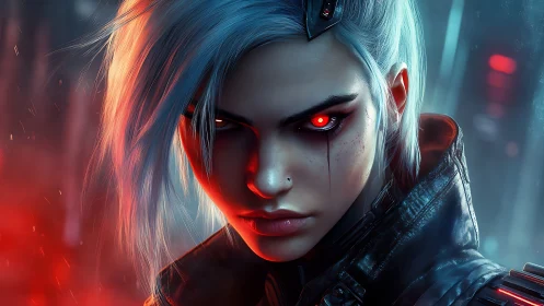 Fierce cyberpunk heroine with glowing red cybernetic gaze.