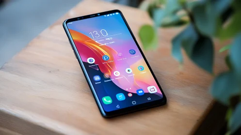 Modern smartphone on wooden table with vivid display.